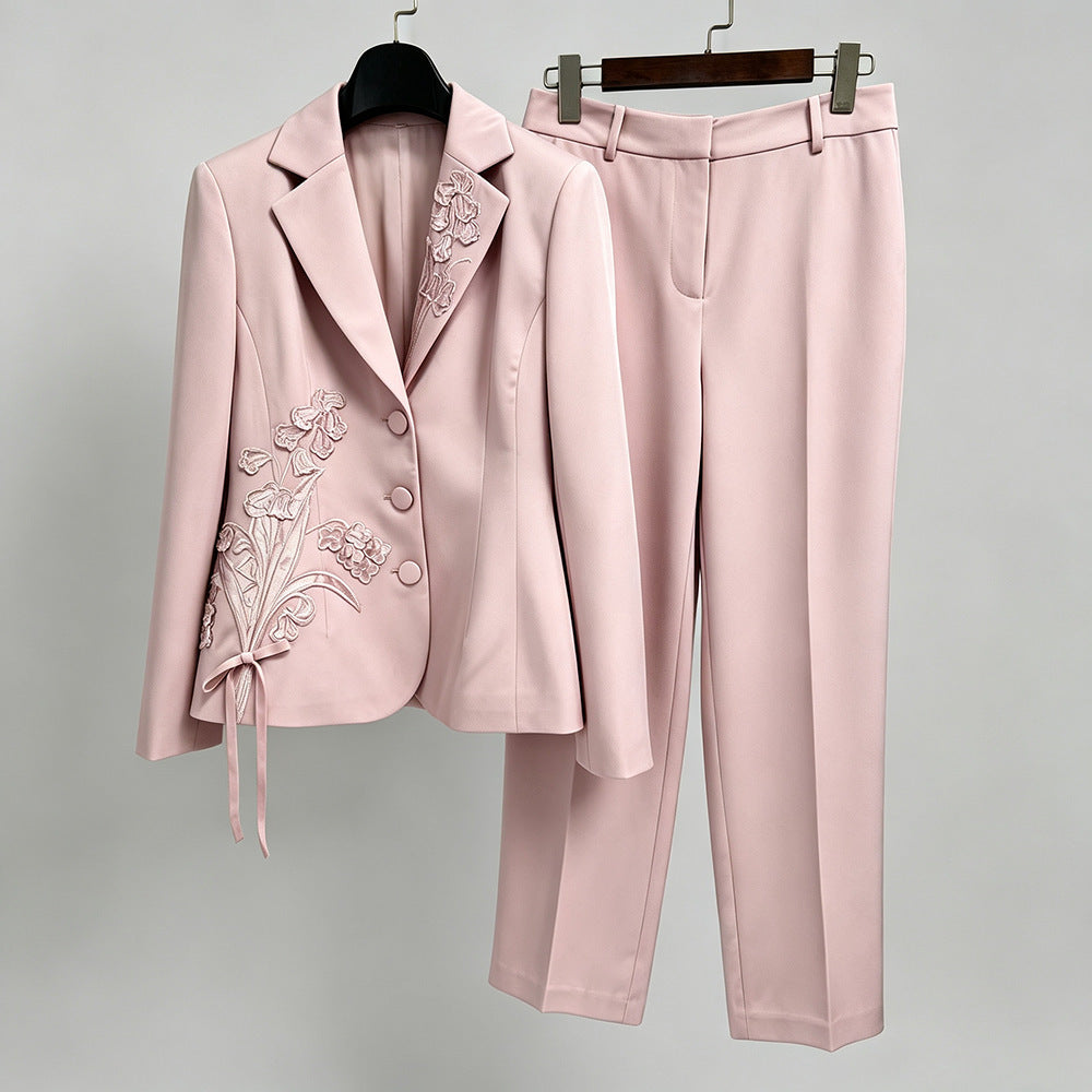 Embroidered Floral Applique Blazer & Straight-Leg Pants Suit Set