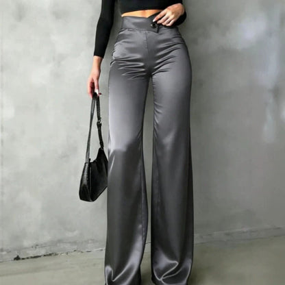 Womens Solid-color Versatile High-waisted Satin Bootcut Trousers