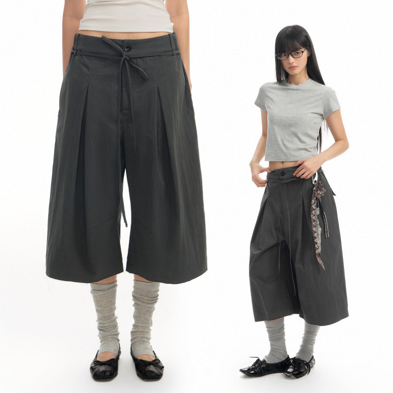 Pleated Ribbon-edged Capri Pants Casual Shorts
