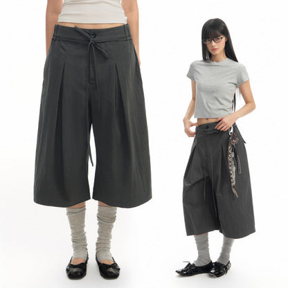 Pleated Ribbon-edged Capri Pants Casual Shorts