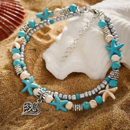 Retro Rice Grain Pearl Turtle Scallop Alloy Pendant Anklet