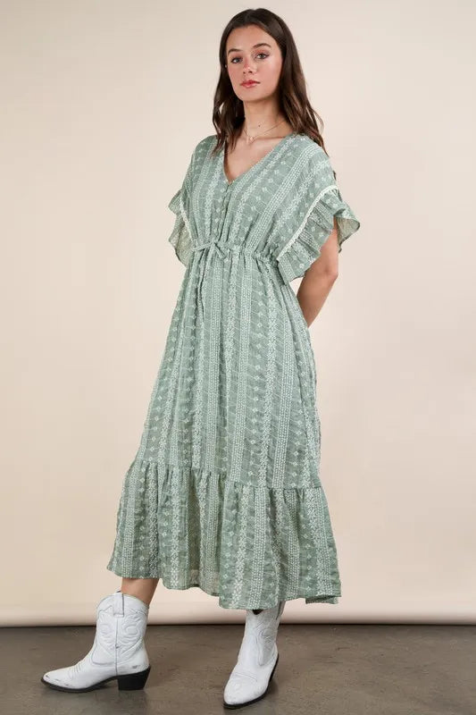 VERY J Embroidered Boho Ruffled Midi Dress