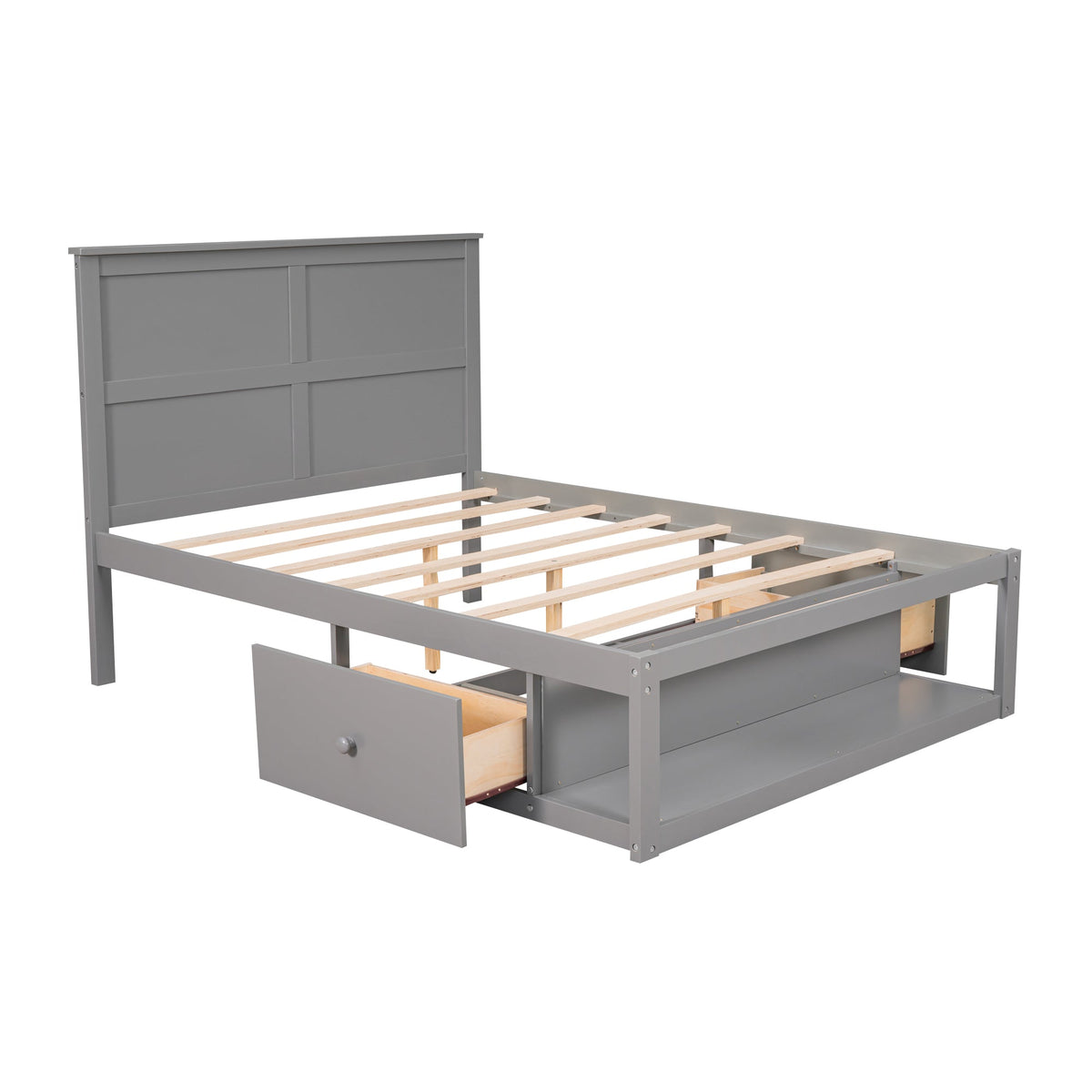 Full Size Platform Bed with Drawer on the Each Side and Shelf on the End of the Bed Gray