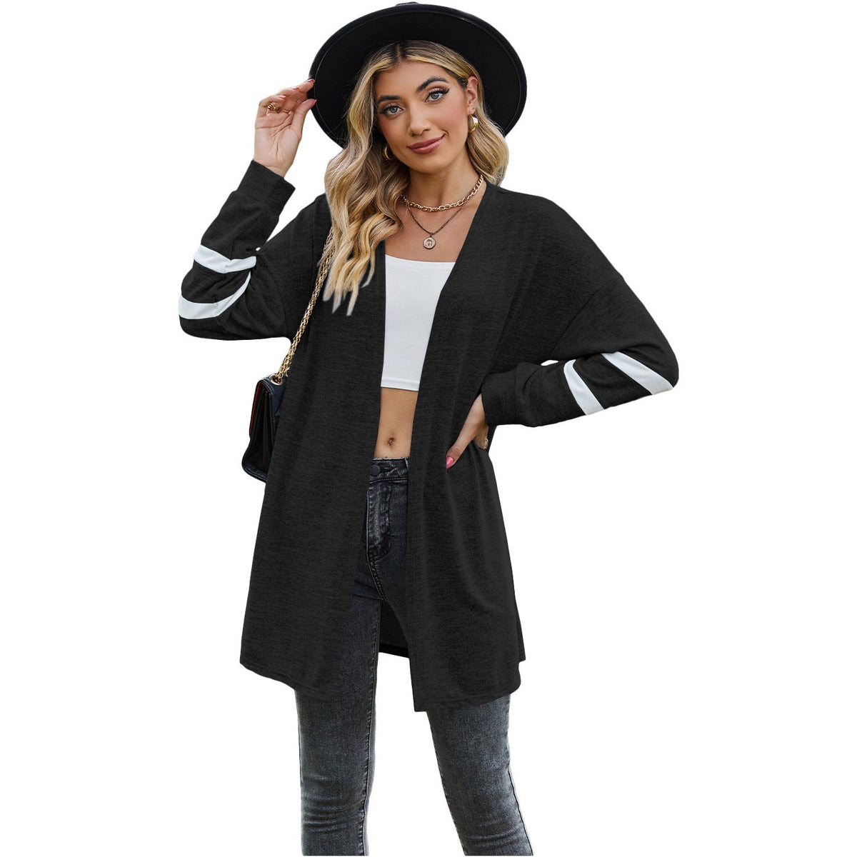 Women's Long-sleeved Stitching Contrast Color Knitted Cardigan