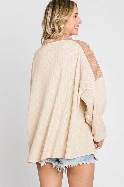 Waffle-Knit Color Block Half Button Long Sleeve Top for Women