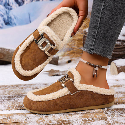 Women's Flat Lamb Wool Slippers Winter New Birkenstock Closed Toe Fluffy Shoes Lazy Cotton Slippers