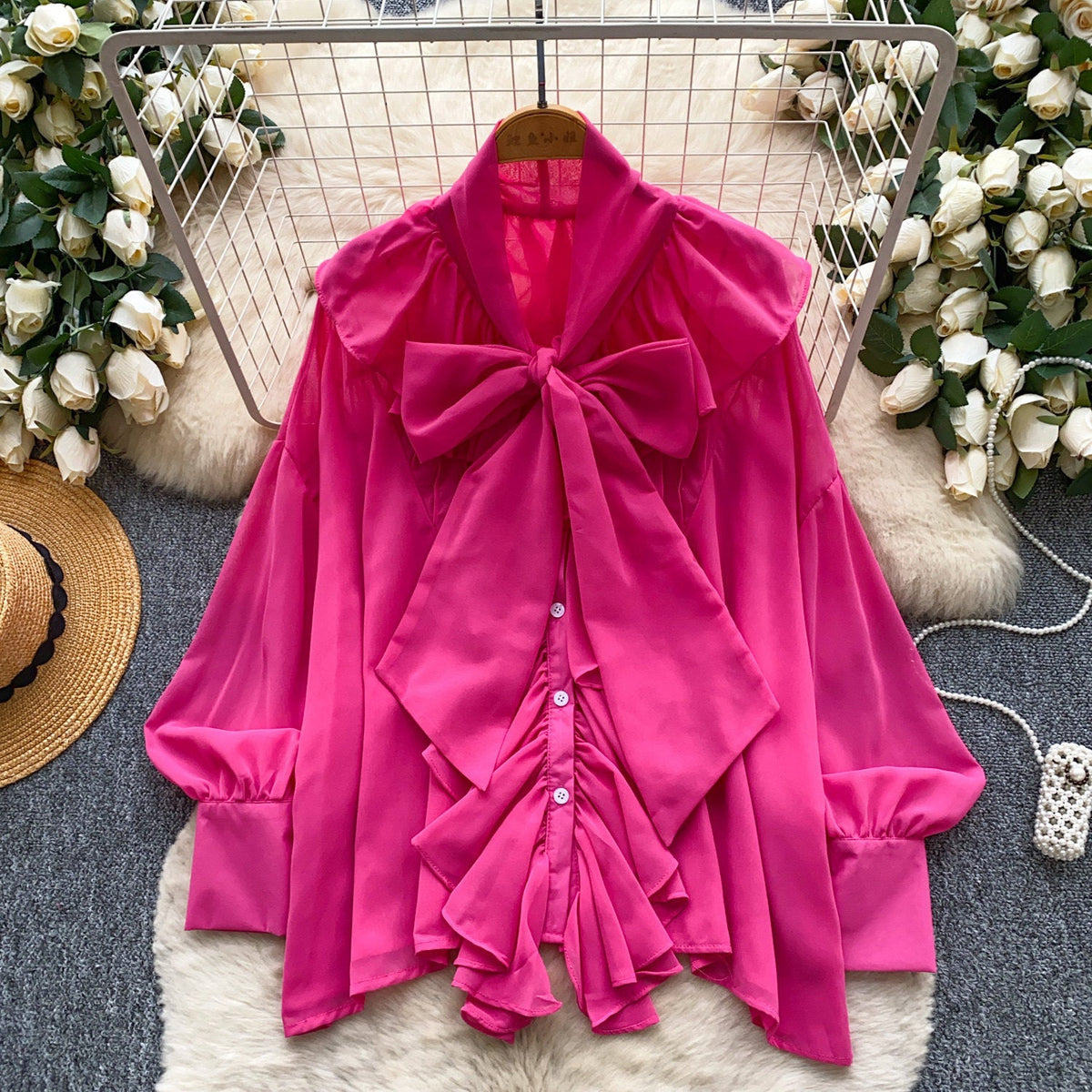 Womens Solid-Color Chiffon Blouse With Ruffled Hem And Long Sleeves