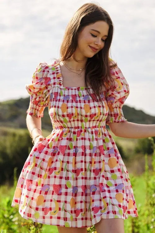 Davi & Dani Fruits Printed Smocking Mini Dress