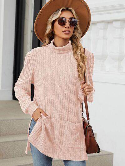 Slit Mock Neck Long Sleeve T-Shirt for Women with Pocket