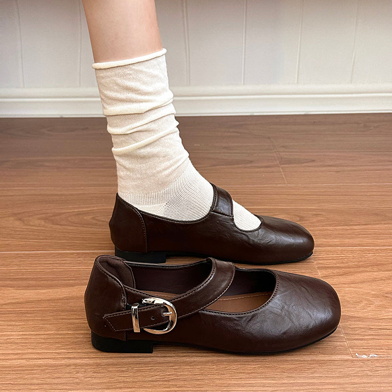 Women Square Toe Crinkle Vintage Leather Flats, Single Adjustable Buckle Strap Soft Casual Daily Walking Loafers