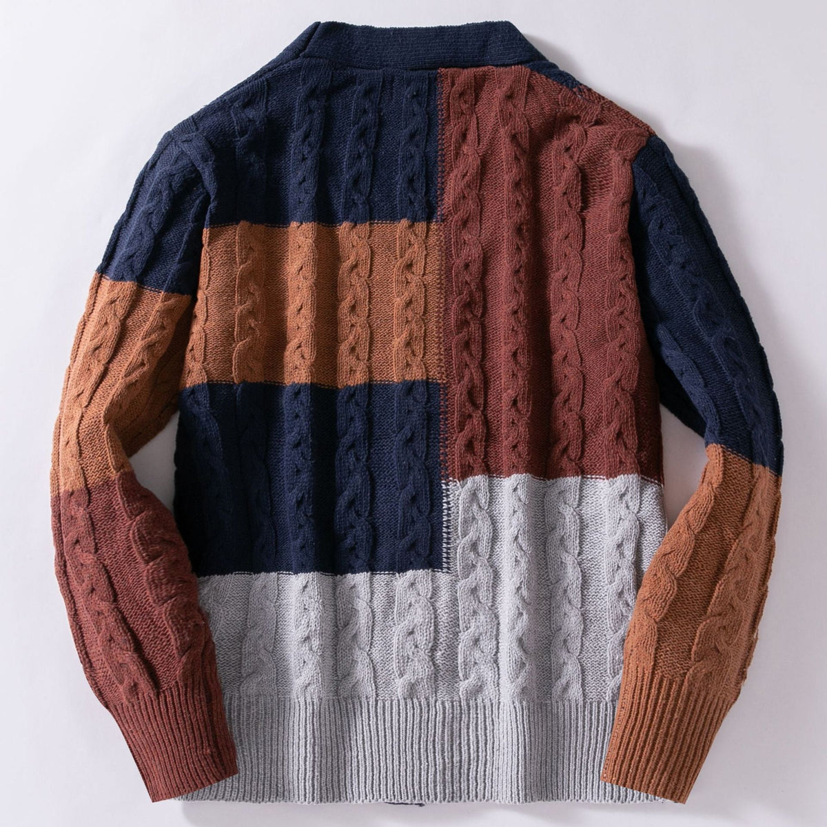 Retro Mens Color-block Hemp-flower Cardigan Sweater