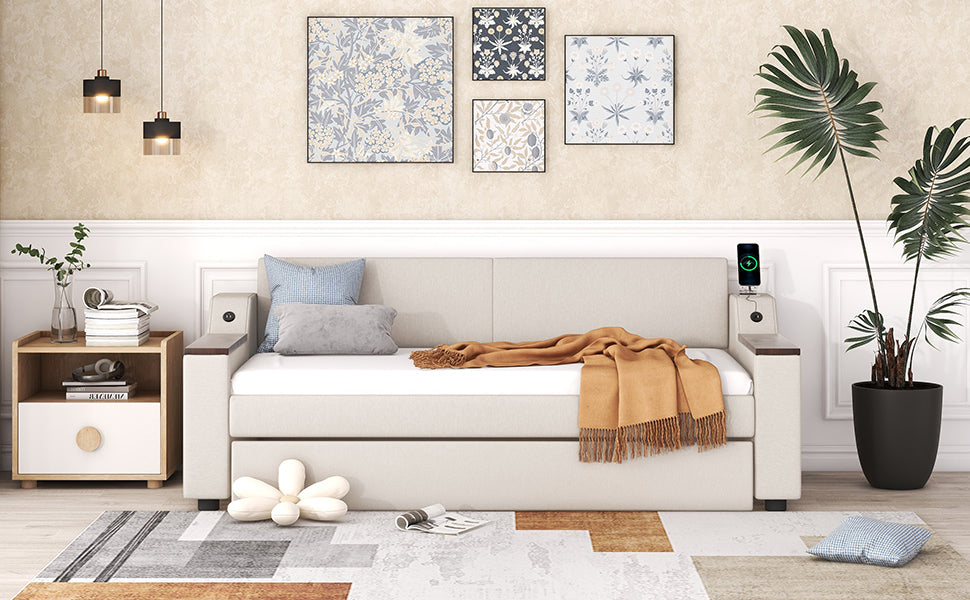 Twin Size Upholstery Daybed with Storage Arms  Trundle and USB Design Beige
