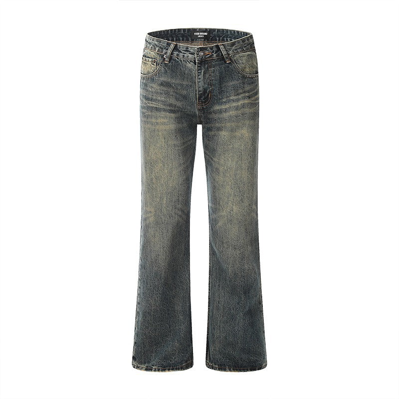 Mens American Style Retro Washed Distressed Straight Leg Jeans