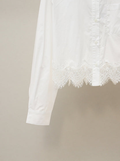 Lapel-neck Lace-panel Long-sleeve Blouse For Women
