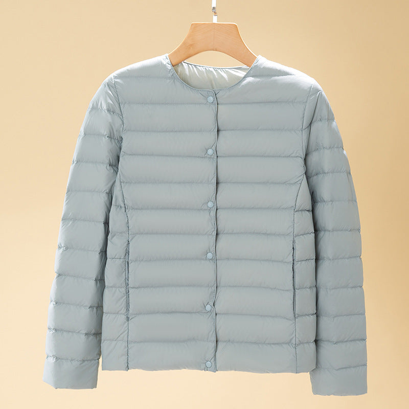 Round-neck Long-sleeved White Down Jacket In Large Size