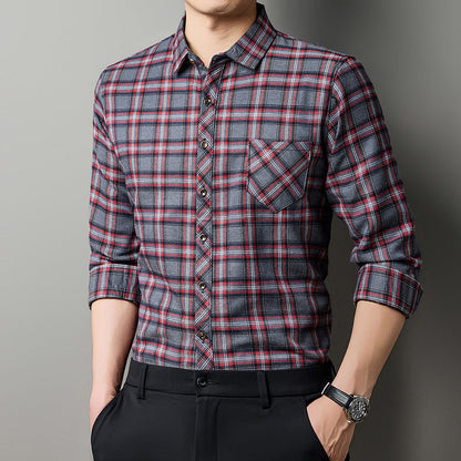 Breathable Fashionable Plaid Long-sleeve Printed Shirt For Middle-aged Men