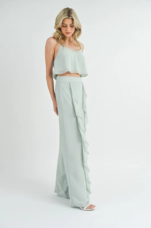MABLE Crop Cami and Ruffled Wide Leg Pants Set