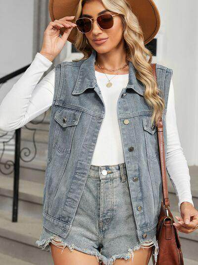 Pocketed Button Up Sleeveless Denim Jacket for Women