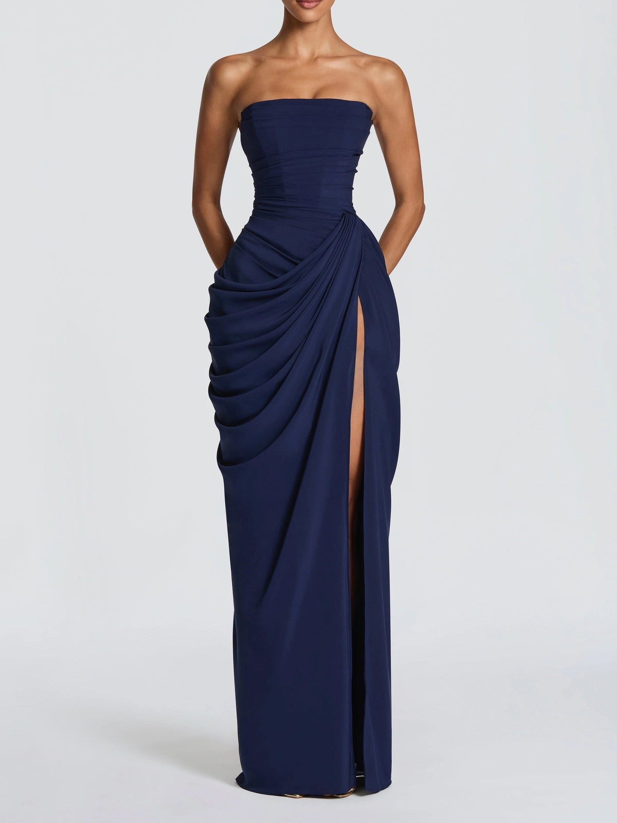 Burgundy Strapless Ruched High-Slit Maxi Gown With Pockets