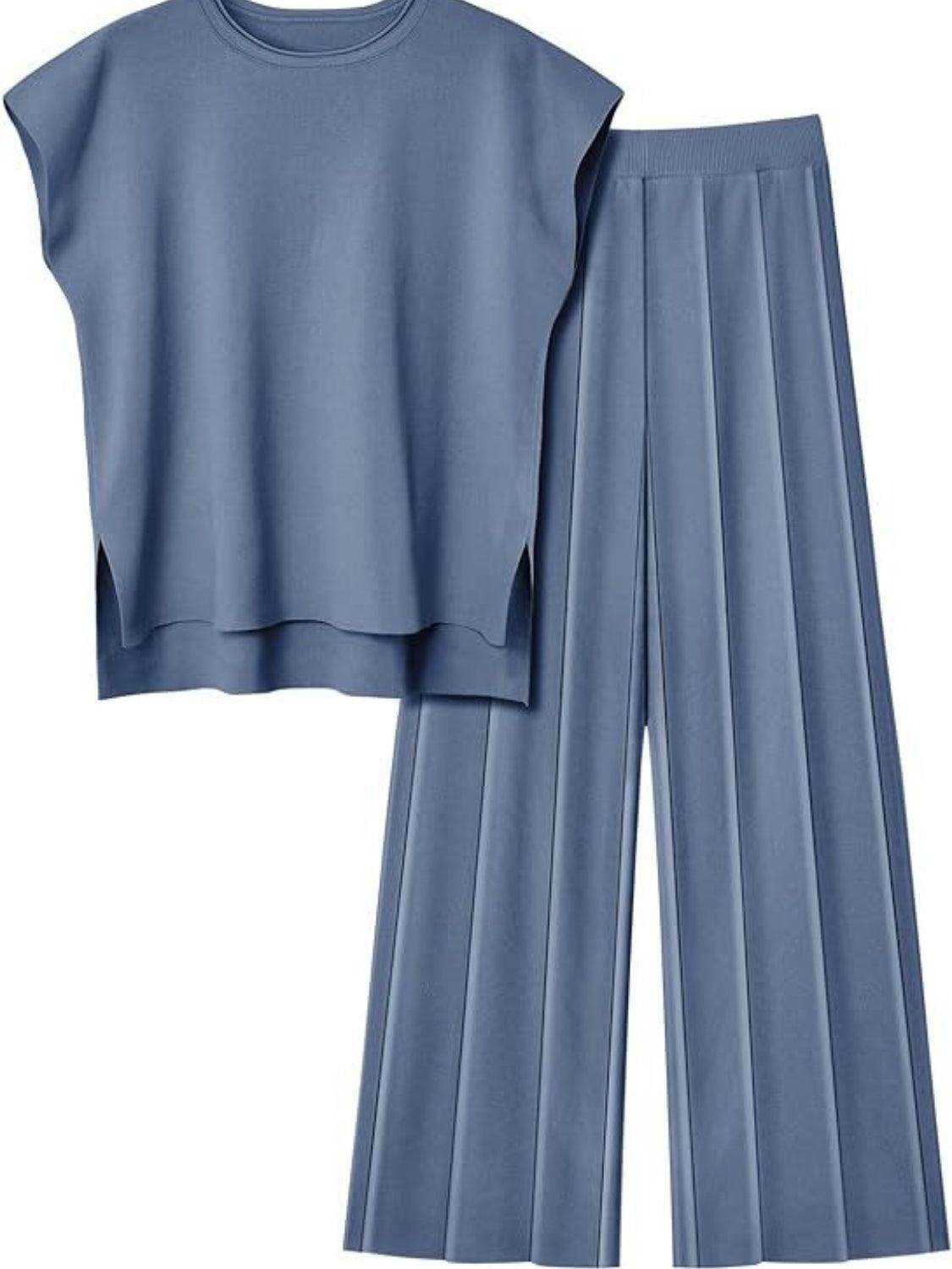 Round Neck Cap Sleeve Top and Pants Knit Set for Women