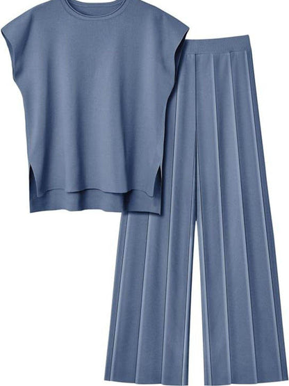 Round Neck Cap Sleeve Top and Pants Knit Set for Women