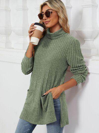 Slit Mock Neck Long Sleeve T-Shirt for Women with Pocket
