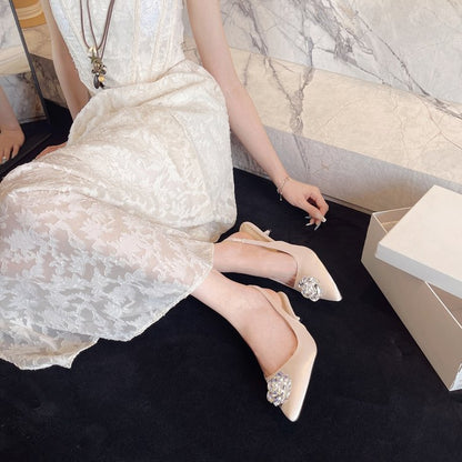2026 Summer Women  Rhinestone Camellia Pointed Toe High Heel Sandals, Elegant Slim Fit Stiletto Closed Toe Pumps
