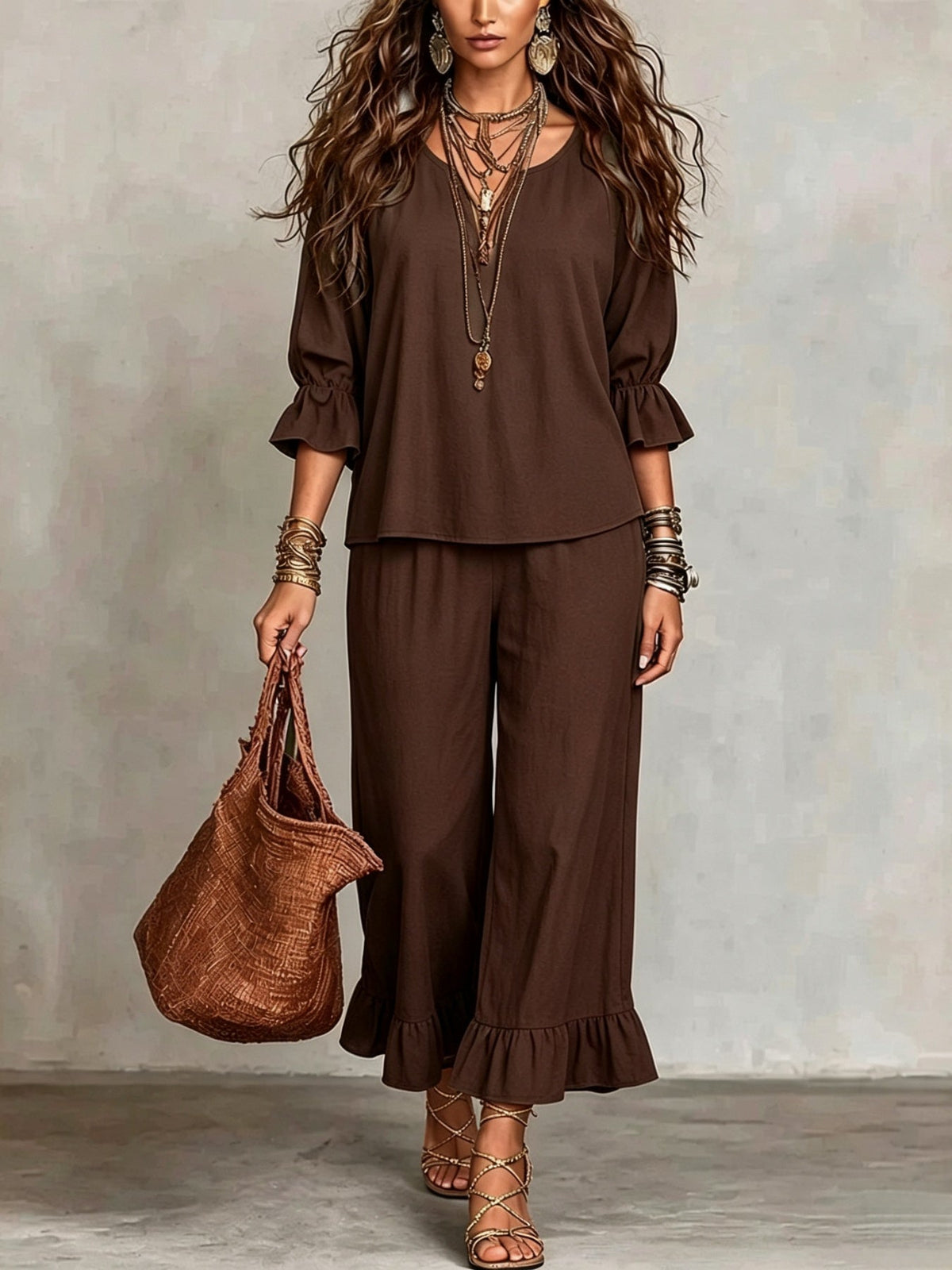 Women's Solid-color Loose-fit Casual Button-up Set