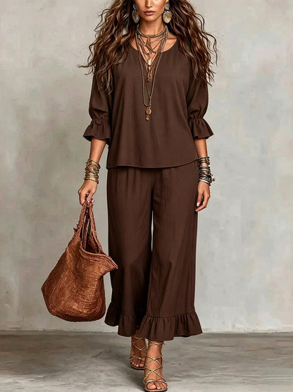 Women's Solid-color Loose-fit Casual Button-up Set
