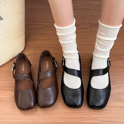 Women Square Toe Crinkle Vintage Leather Flats, Single Adjustable Buckle Strap Soft Casual Daily Walking Loafers