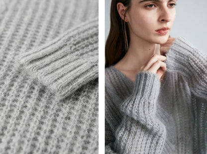 Mohair V-neck Cable Knit Sweater