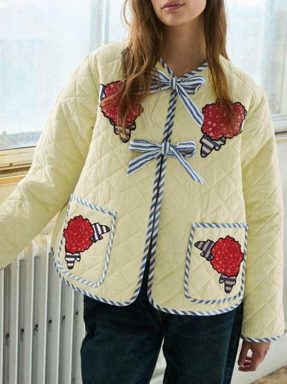 Embroidered Flower Tied Long Sleeve Winter Coat for Women