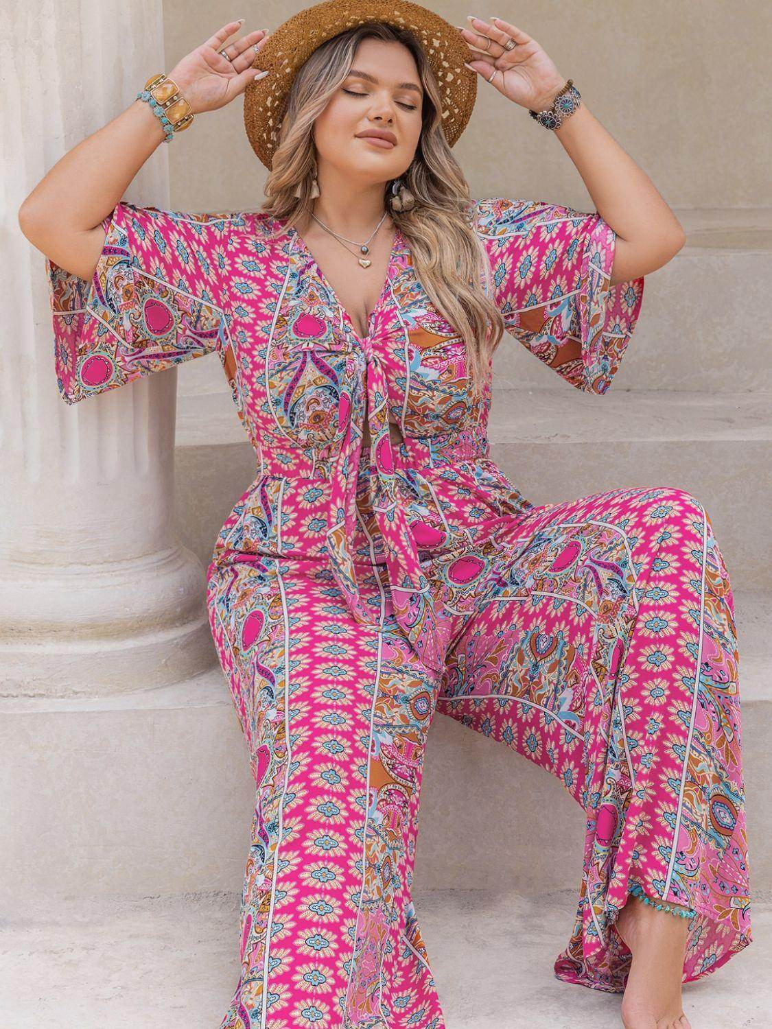 Plus Size Printed Half Sleeve Wide Leg Jumpsuit for Women