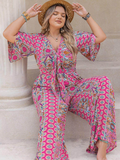Plus Size Printed Half Sleeve Wide Leg Jumpsuit for Women