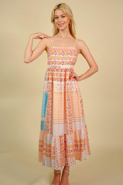 Printed Spaghetti Strap Smocked Midi Dress for Women