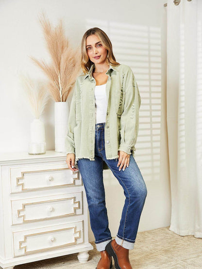 Distressed Raw Hem Denim Jacket for Relaxed Fit Style