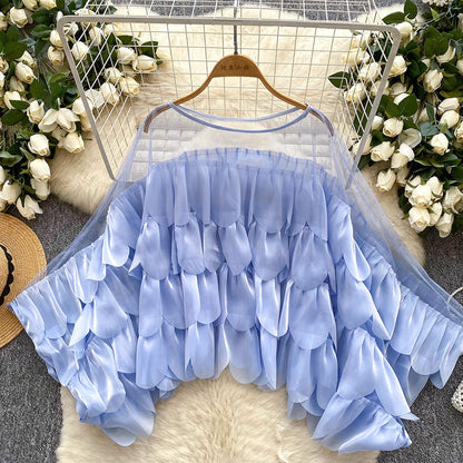 Womens Solid-color Ruffled Mesh-panel Blouse