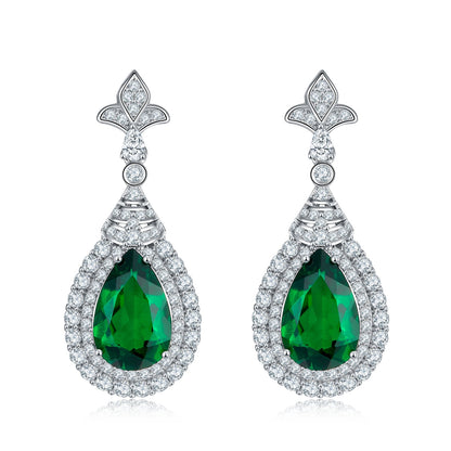 S925 Silver 5.4g Lab-Created Emerald Drop Earrings, 3.4ct 11x7mm Halo Pair