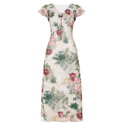 Floral Ruffled V-Neck Mesh Dress Resort
