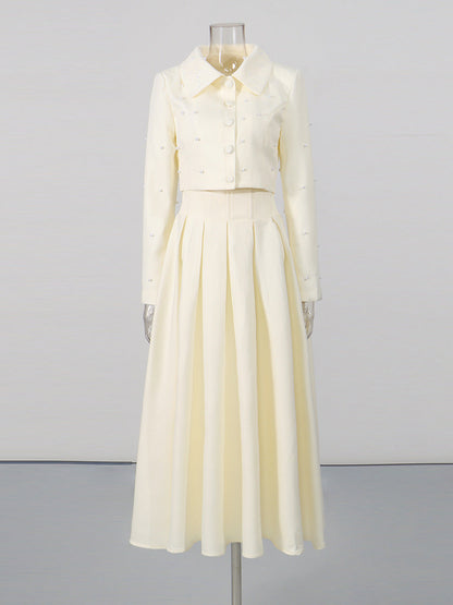 Pearl Embellished Cropped Jacket & Pleated Midi Skirt Two-Piece Set