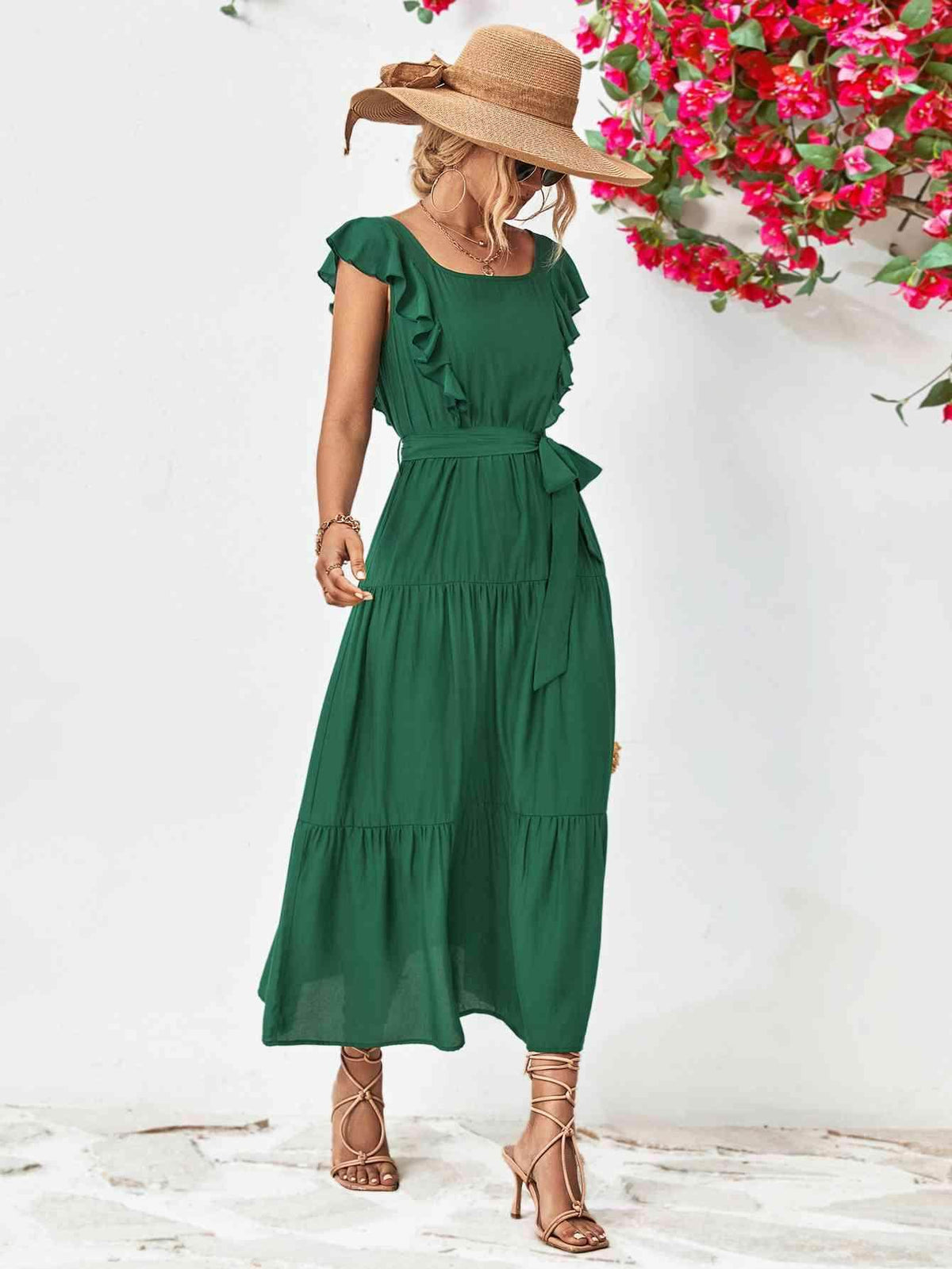 Tie Belt Ruffled Tiered Dress for Chic Midi Style