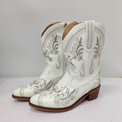 Womens Embroidered Rhinestone Chunky High-Heel Boots