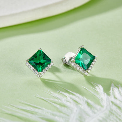 S925 Silver Platinum Plated Lab-Created Emerald Earrings, 0.3&2.5ct Princess Cut Studs, Pair