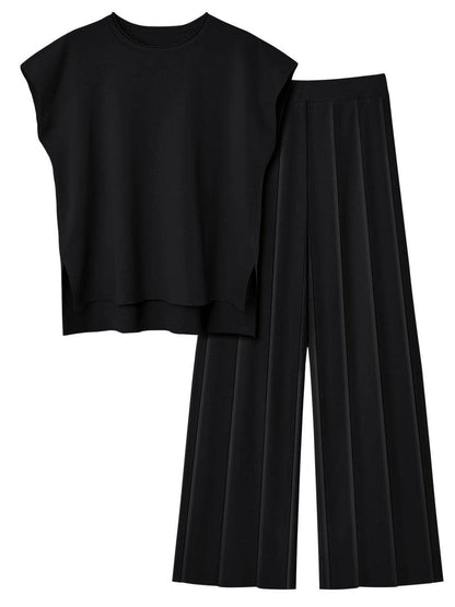 Round Neck Cap Sleeve Top and Pants Knit Set for Women