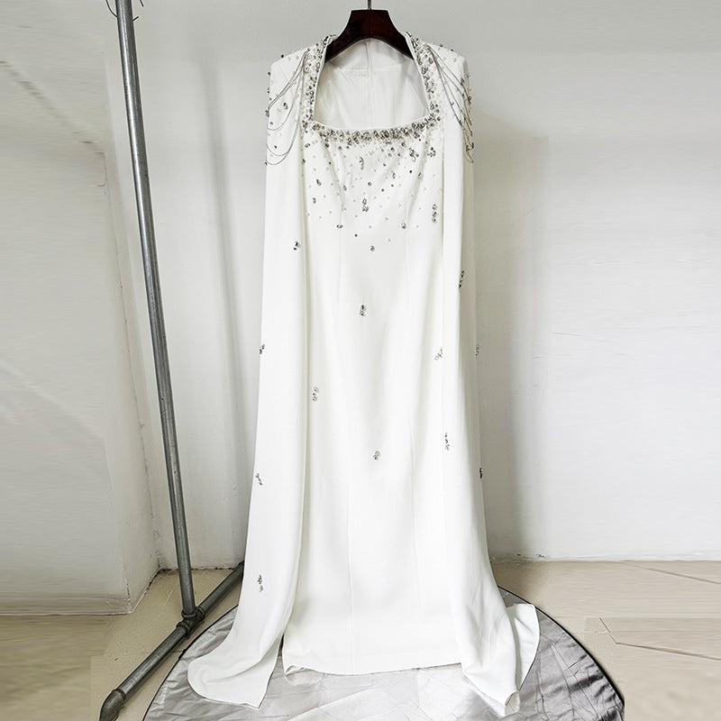 Beaded Lanyard Shawl Sleeve And Floor Long Dress