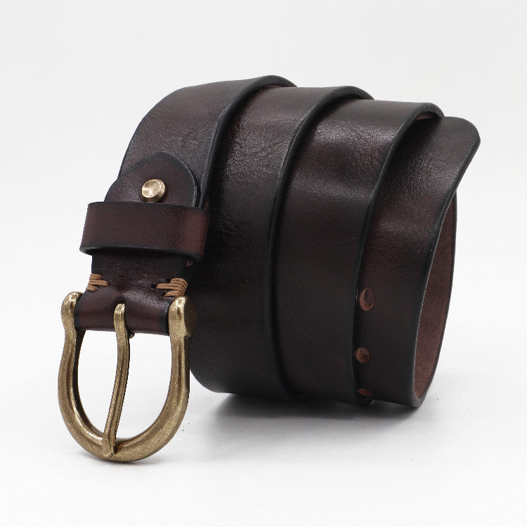 Thickened Full-grain Vintage Belt With Hand-stitched Detailing For Men