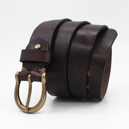 Thickened Full-grain Vintage Belt With Hand-stitched Detailing For Men