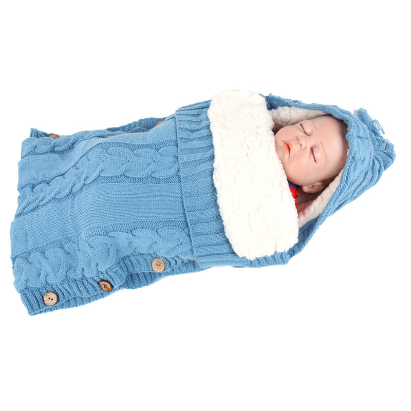 Warm Hooded Baby Wool Knitted Button Sleeping Blanket