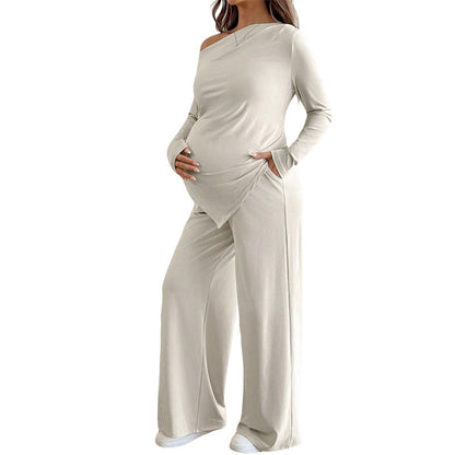 European And American Cross-Border Autumn Maternity One-Shoulder Set With Asymmetrical Hem Wide-Leg Pants Postpartum Casual Two-Piece Set