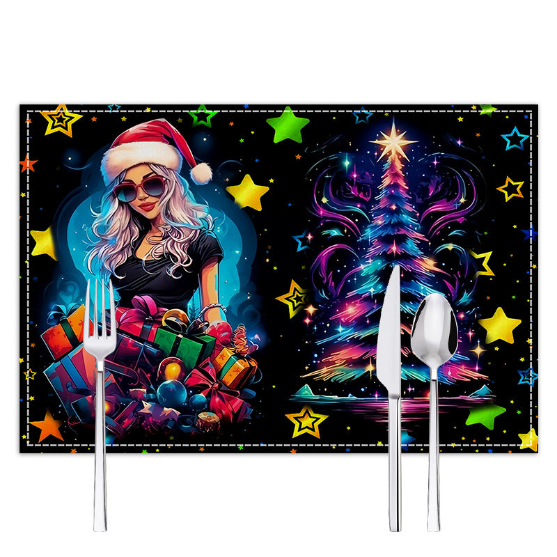 Christmas table mat with white linen starry sky and Santa Claus print